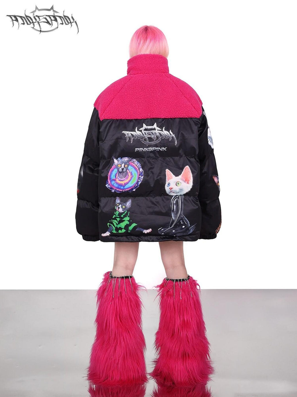 PINKSPINK Black Pink Cat Colorblock Oversized Zipper Women's Cotton Puffer Jackets