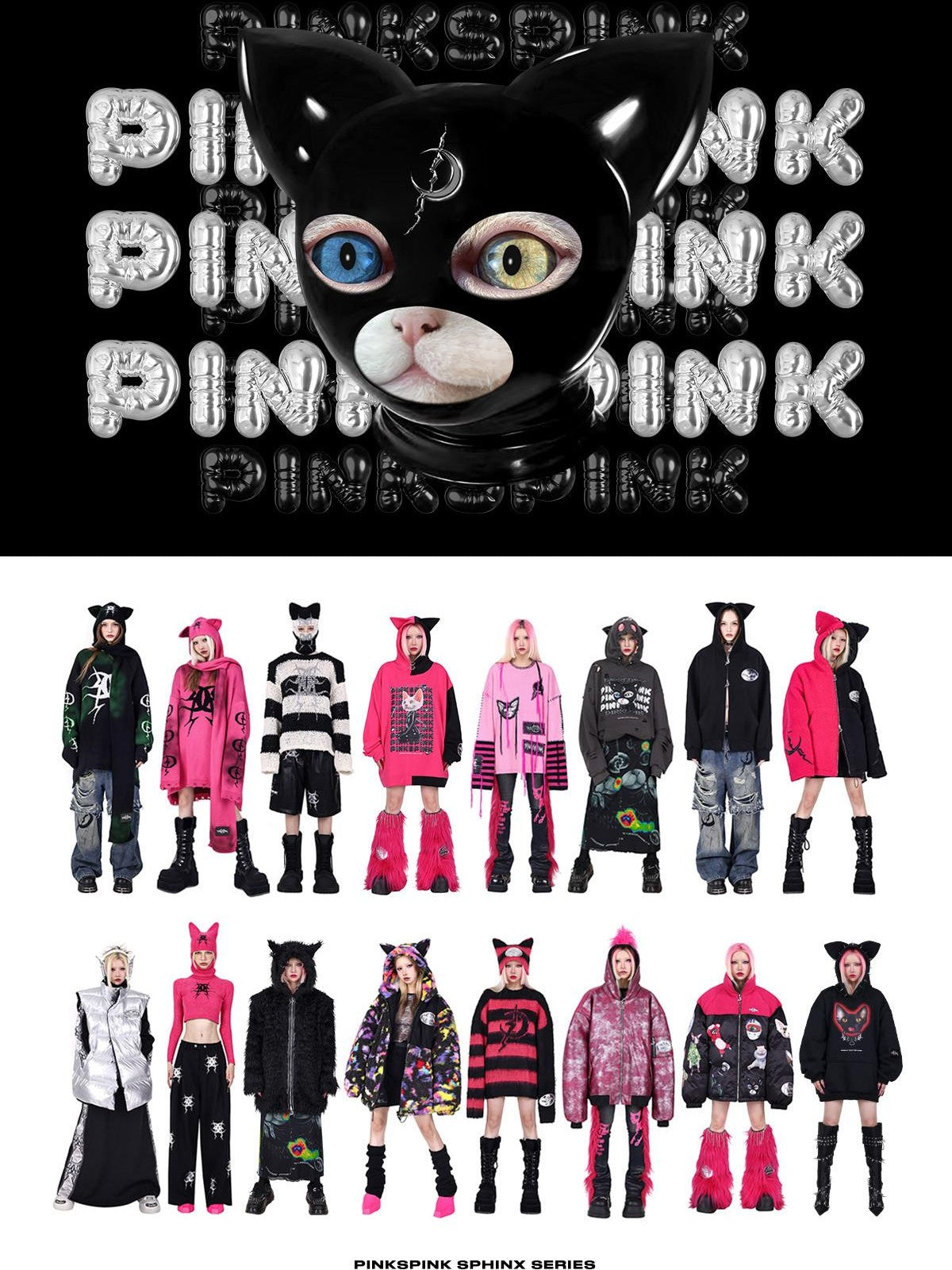PINKSPINK Black Pink Cat Colorblock Oversized Zipper Women's Cotton Puffer Jackets
