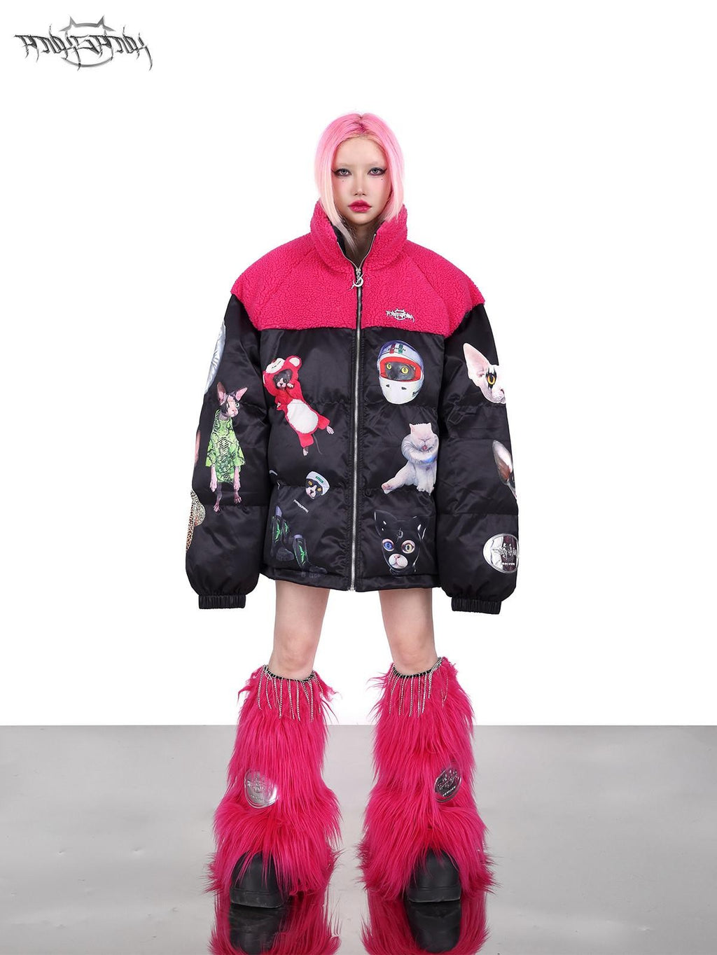 PINKSPINK Black Pink Cat Colorblock Oversized Zipper Women's Cotton Puffer Jackets