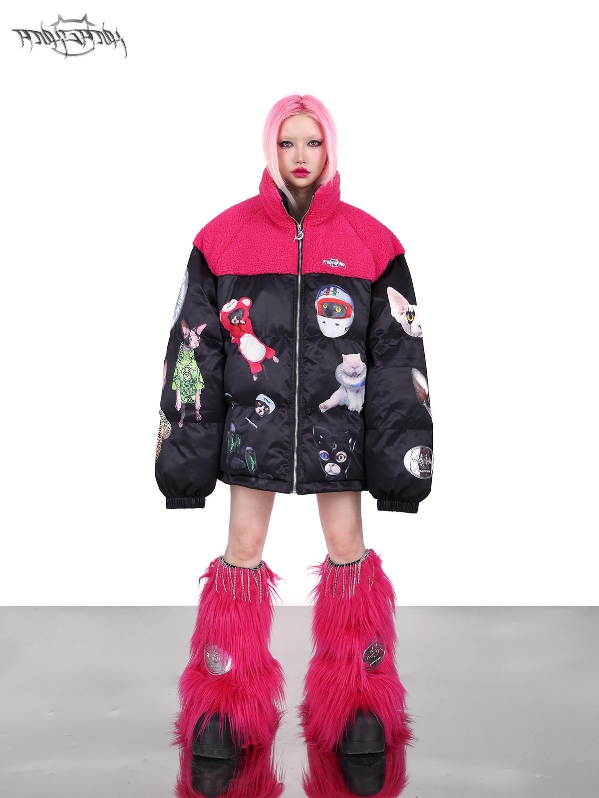 PINKSPINK Black Pink Cat Colorblock Oversized Zipper Women's Cotton Puffer Jackets