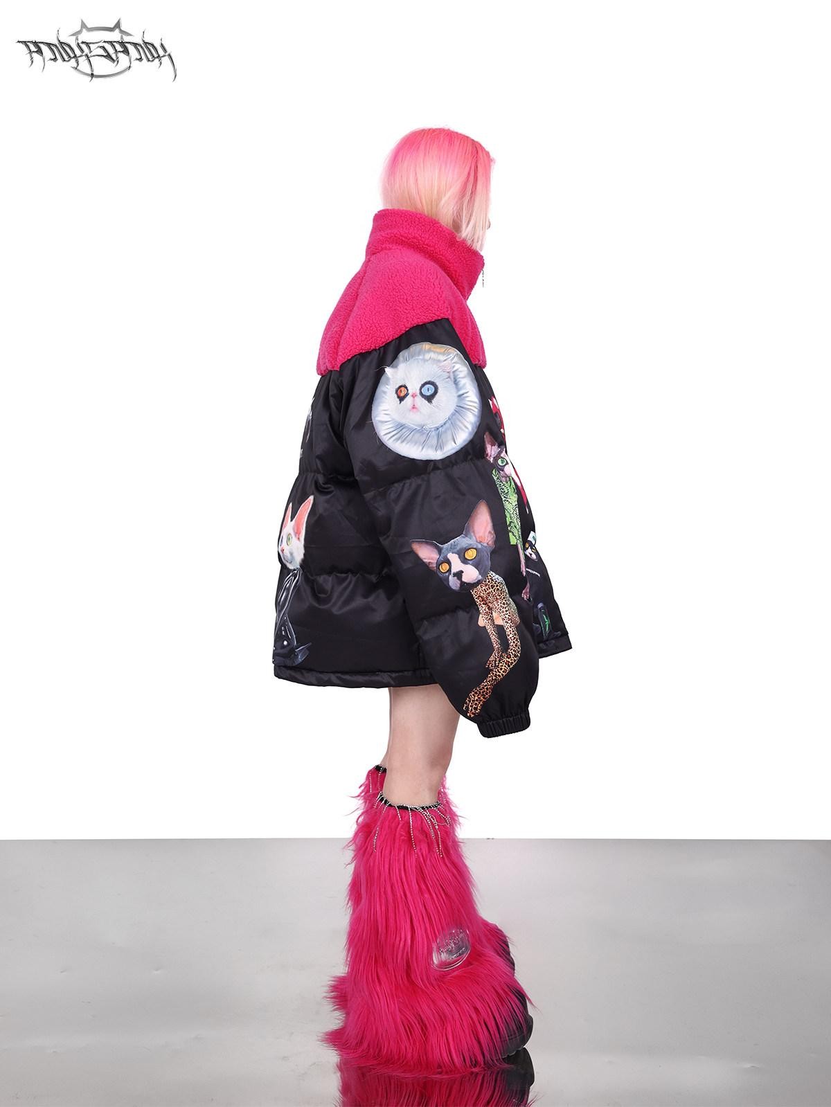 PINKSPINK Black Pink Cat Colorblock Oversized Zipper Women's Cotton Puffer Jackets