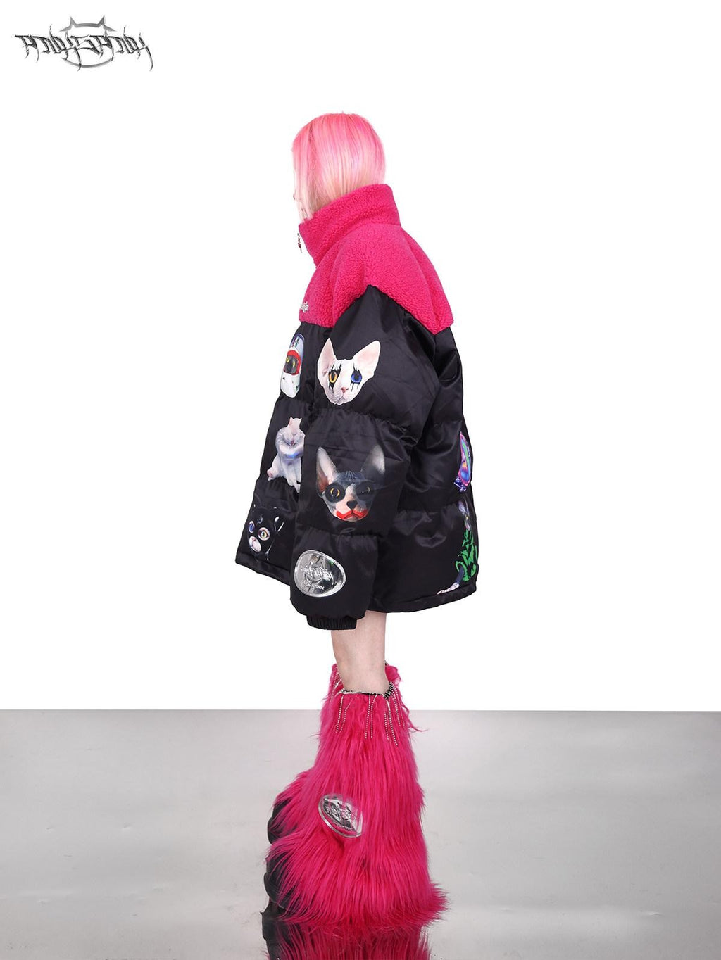 PINKSPINK Black Pink Cat Colorblock Oversized Zipper Women's Cotton Puffer Jackets