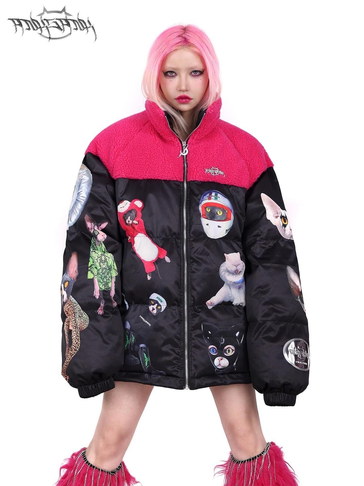 PINKSPINK Black Pink Cat Motif Colorblock Oversized Women's Cotton Puffer Jackets