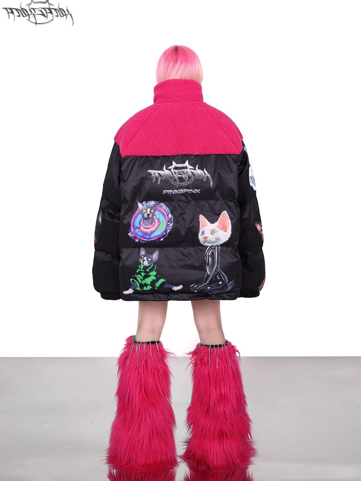 PINKSPINK Black Pink Cat Motif Colorblock Oversized Women's Cotton Puffer Jackets