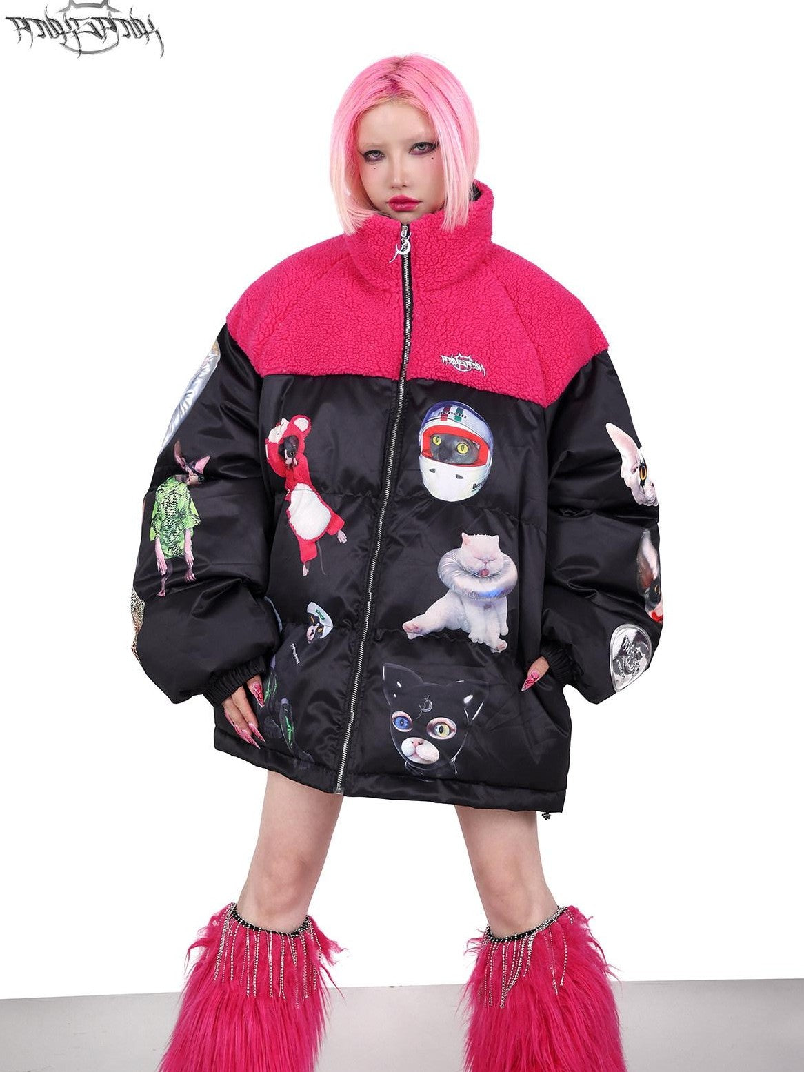 PINKSPINK Black Pink Cat Motif Colorblock Oversized Women's Cotton Puffer Jackets