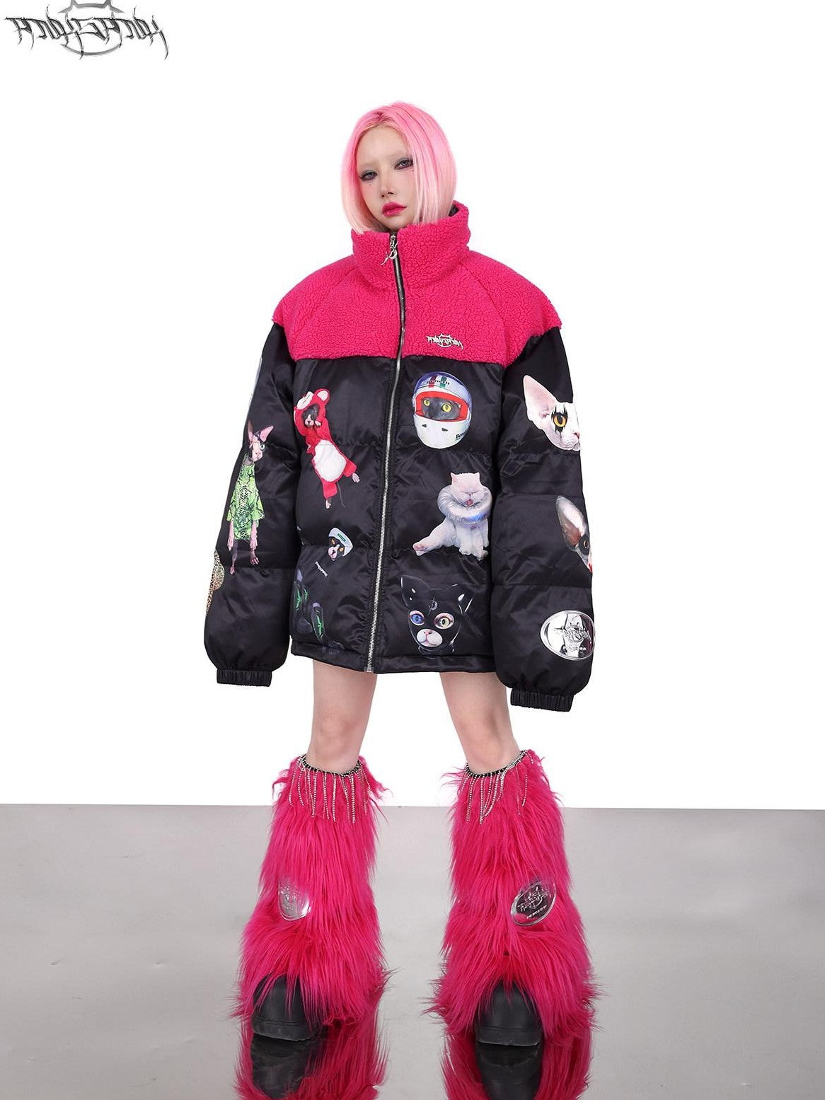 PINKSPINK Black Pink Cat Motif Colorblock Oversized Women's Cotton Puffer Jackets