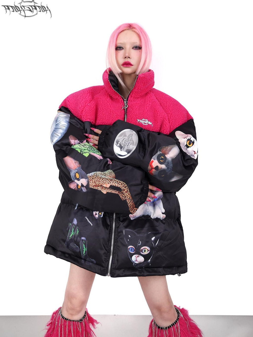 PINKSPINK Black Pink Cat Motif Colorblock Oversized Women's Cotton Puffer Jackets