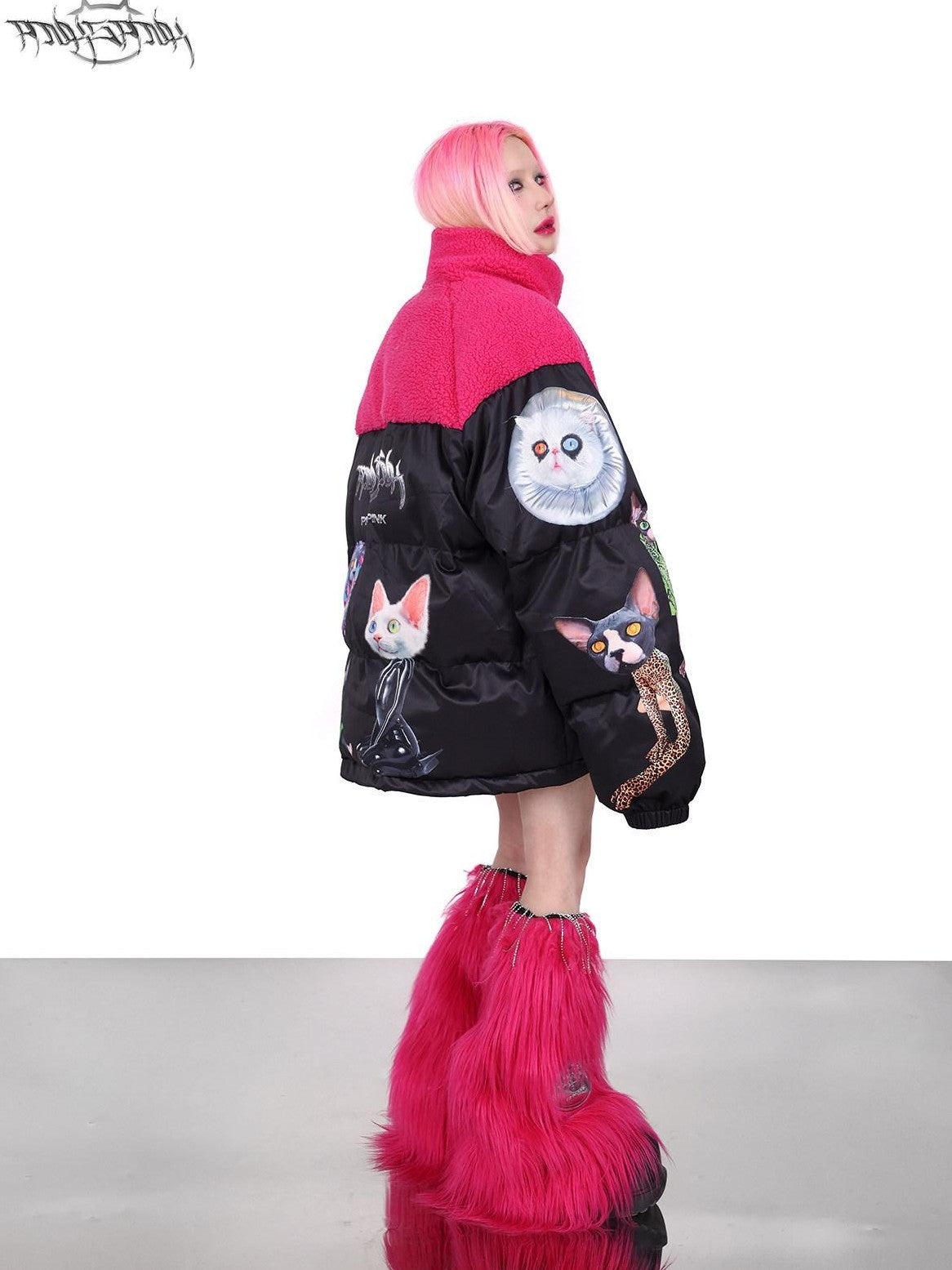 PINKSPINK Black Pink Cat Motif Colorblock Oversized Women's Cotton Puffer Jackets