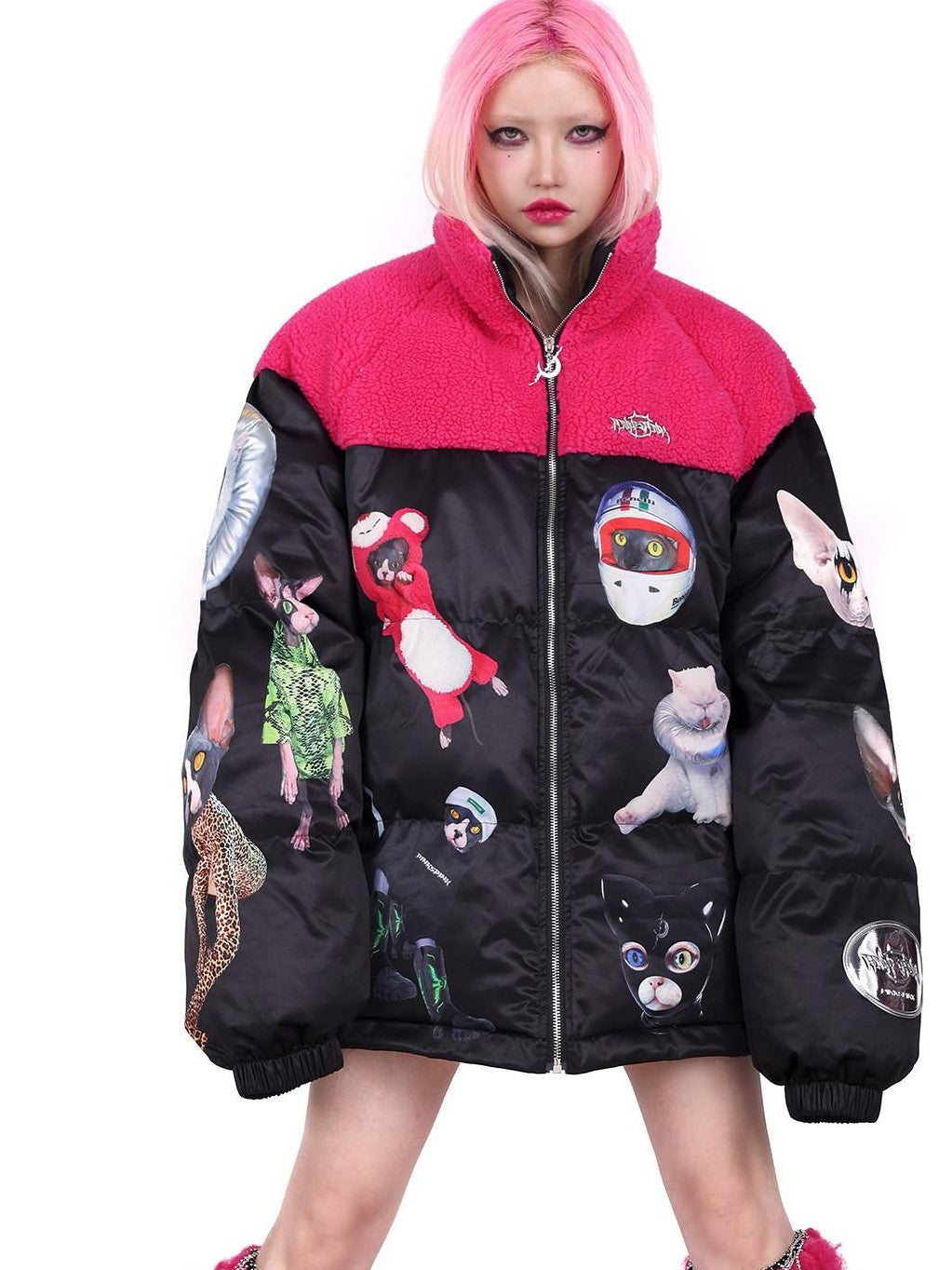 PINKSPINK Black Pink Cat Motif Colorblock Oversized Women's Cotton Puffer Jackets