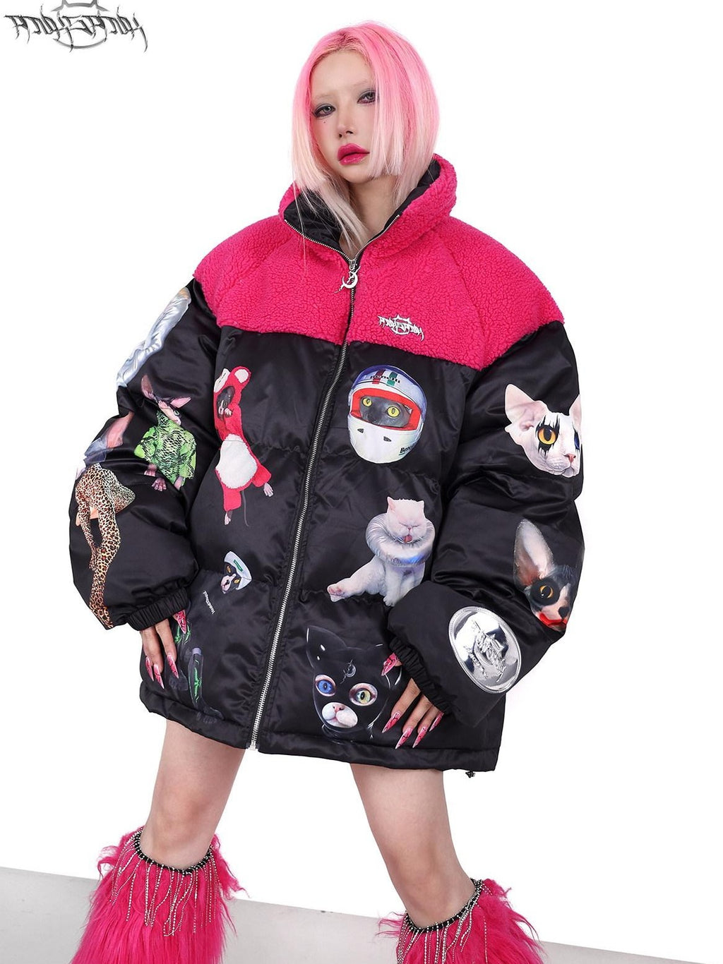 PINKSPINK Black Pink Cat Motif Colorblock Oversized Women's Cotton Puffer Jackets