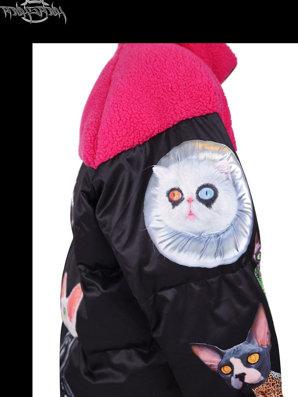 PINKSPINK Black Pink Cat Motif Colorblock Oversized Women's Cotton Puffer Jackets