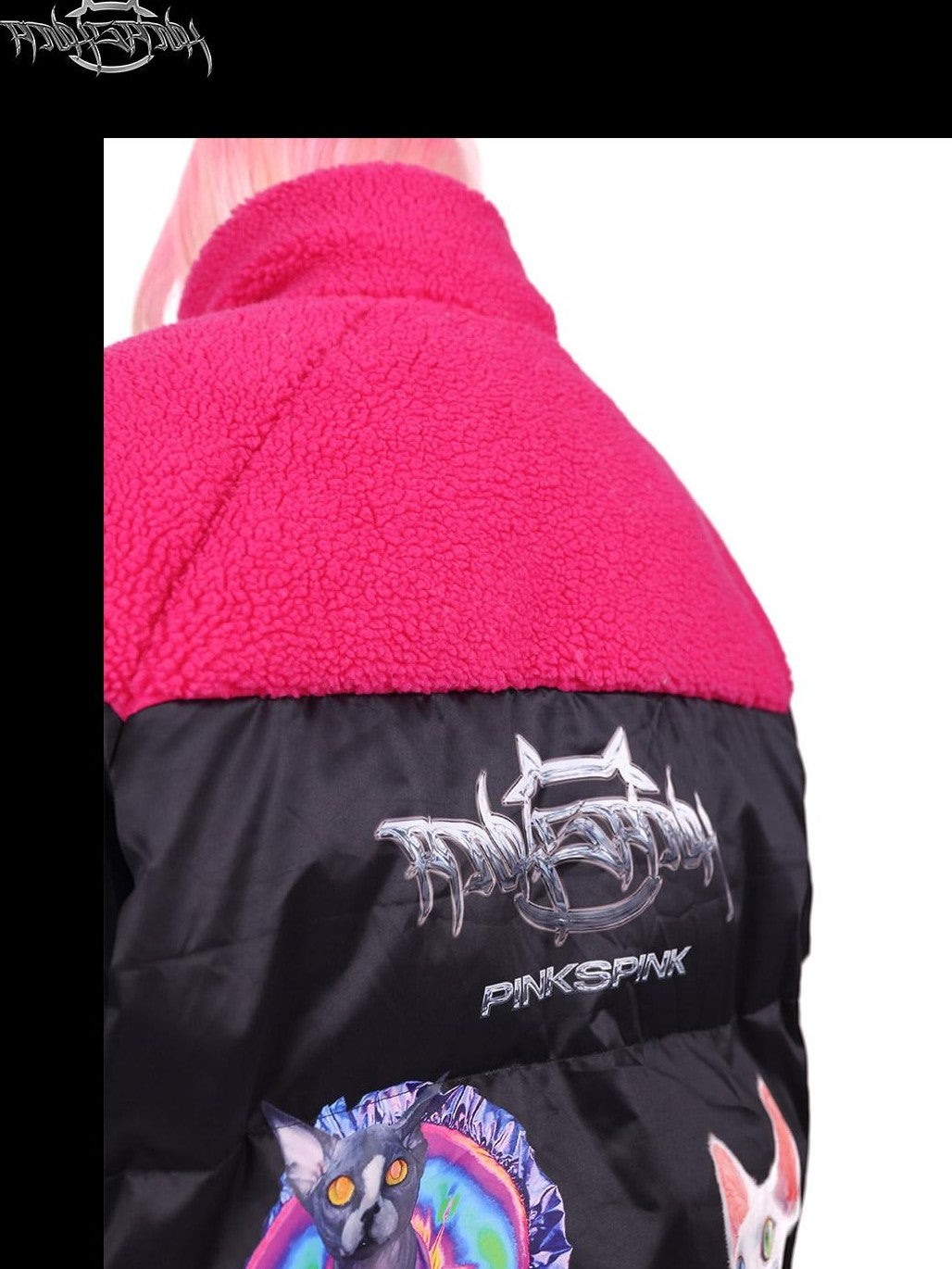 PINKSPINK Black Pink Cat Motif Colorblock Oversized Women's Cotton Puffer Jackets