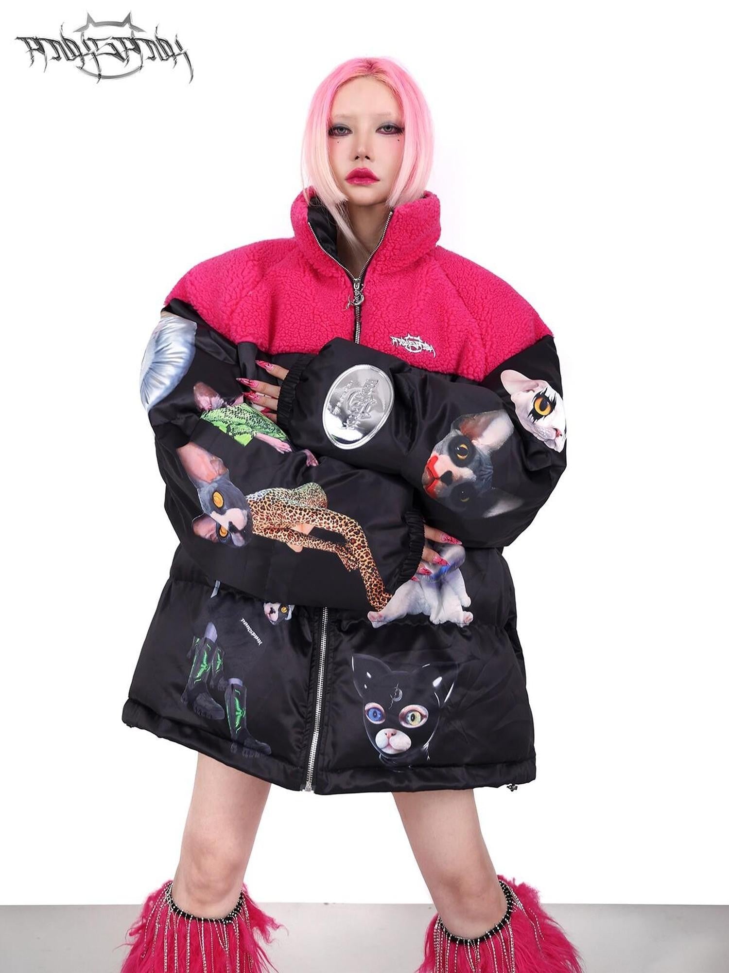 PINKSPINK Black Pink Cat Motif Colorblock Oversized Women's Cotton Puffer Jackets