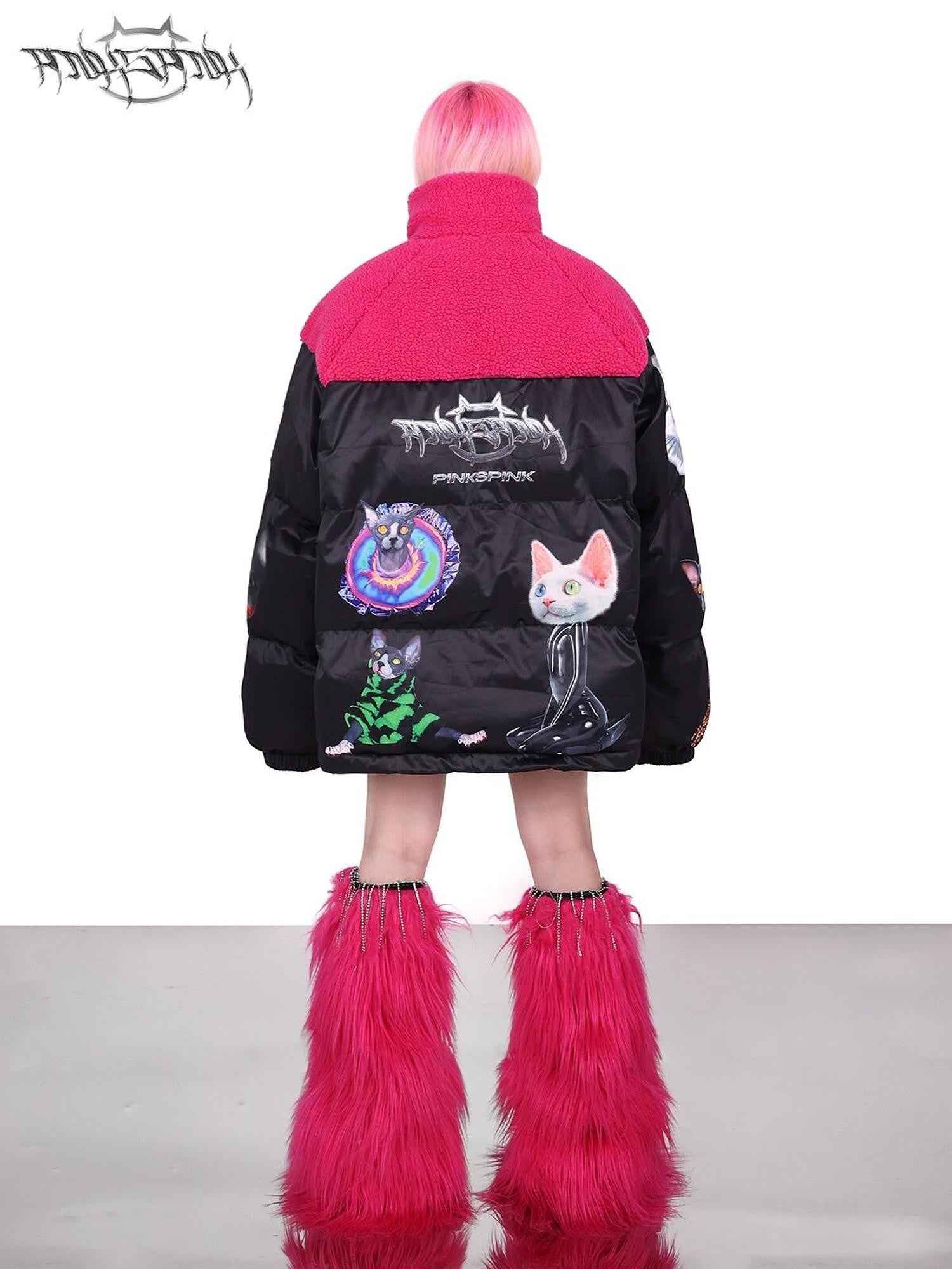 PINKSPINK Black Pink Cat Motif Colorblock Oversized Women's Cotton Puffer Jackets