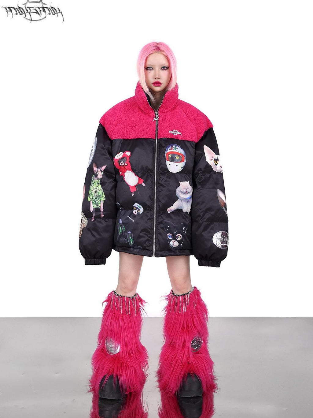 PINKSPINK Black Pink Cat Motif Colorblock Oversized Women's Cotton Puffer Jackets