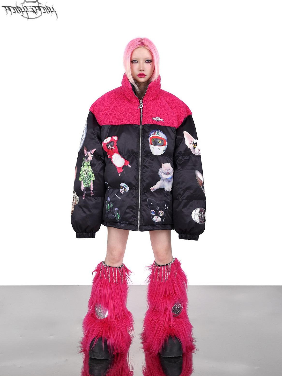 PINKSPINK Black Pink Cat Motif Colorblock Oversized Women's Cotton Puffer Jackets