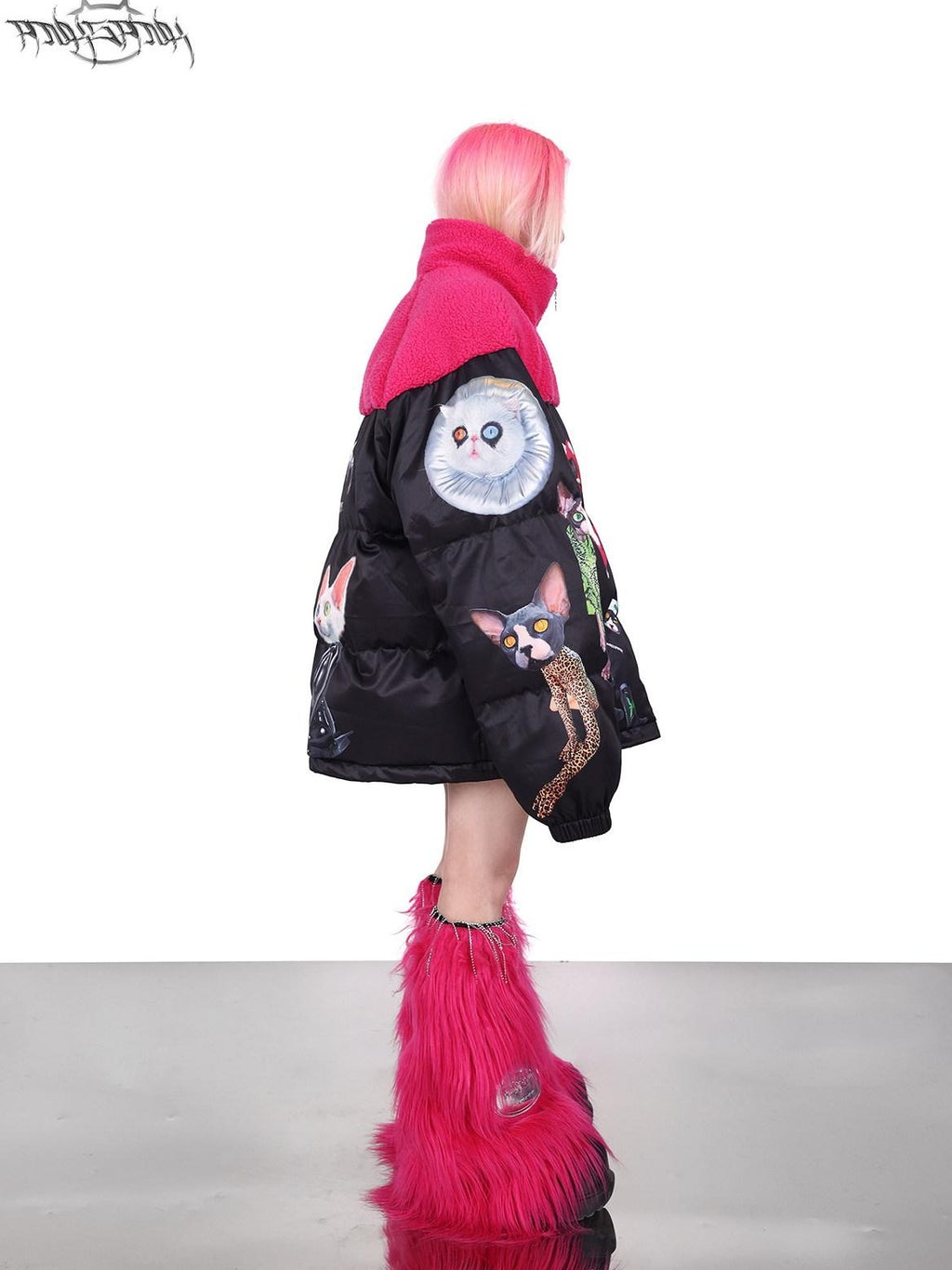 PINKSPINK Black Pink Cat Motif Colorblock Oversized Women's Cotton Puffer Jackets