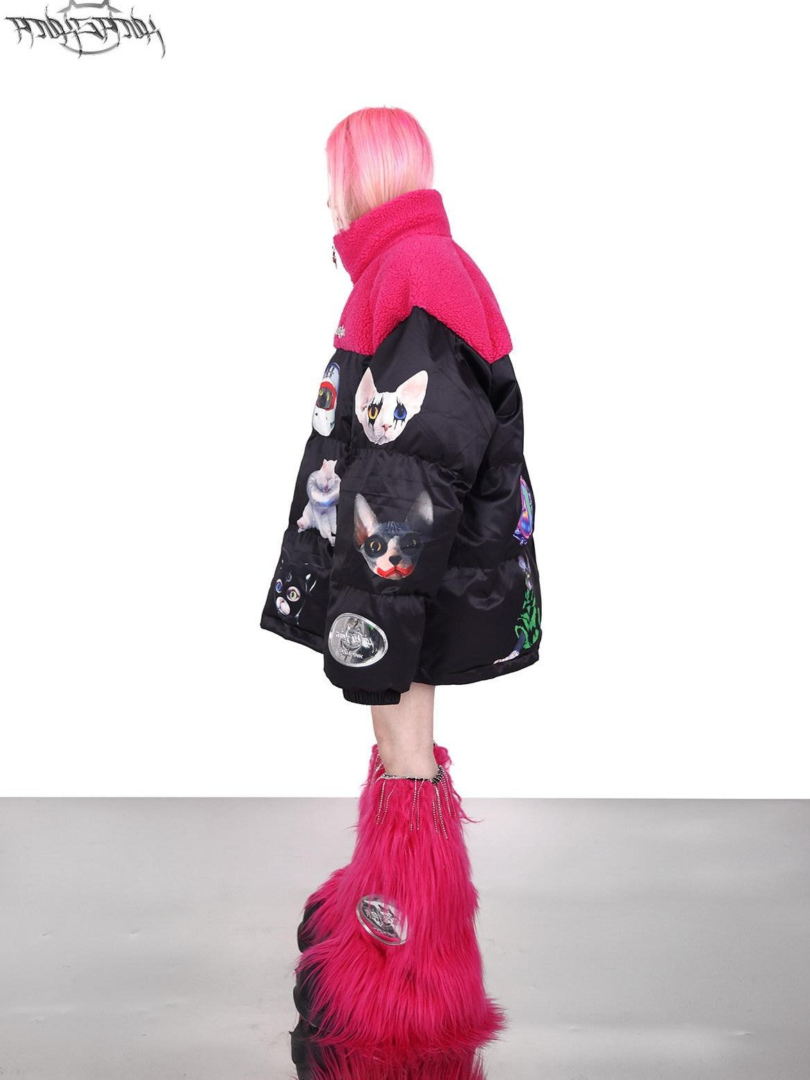PINKSPINK Black Pink Cat Motif Colorblock Oversized Women's Cotton Puffer Jackets