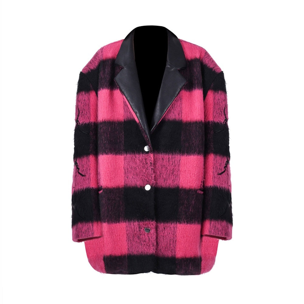 PINKSPINK_Black_Pink_Check_Leather_Embroidered_Shoulder_Pad_Women's_Casual_Jackets_745259951712_MISSTT