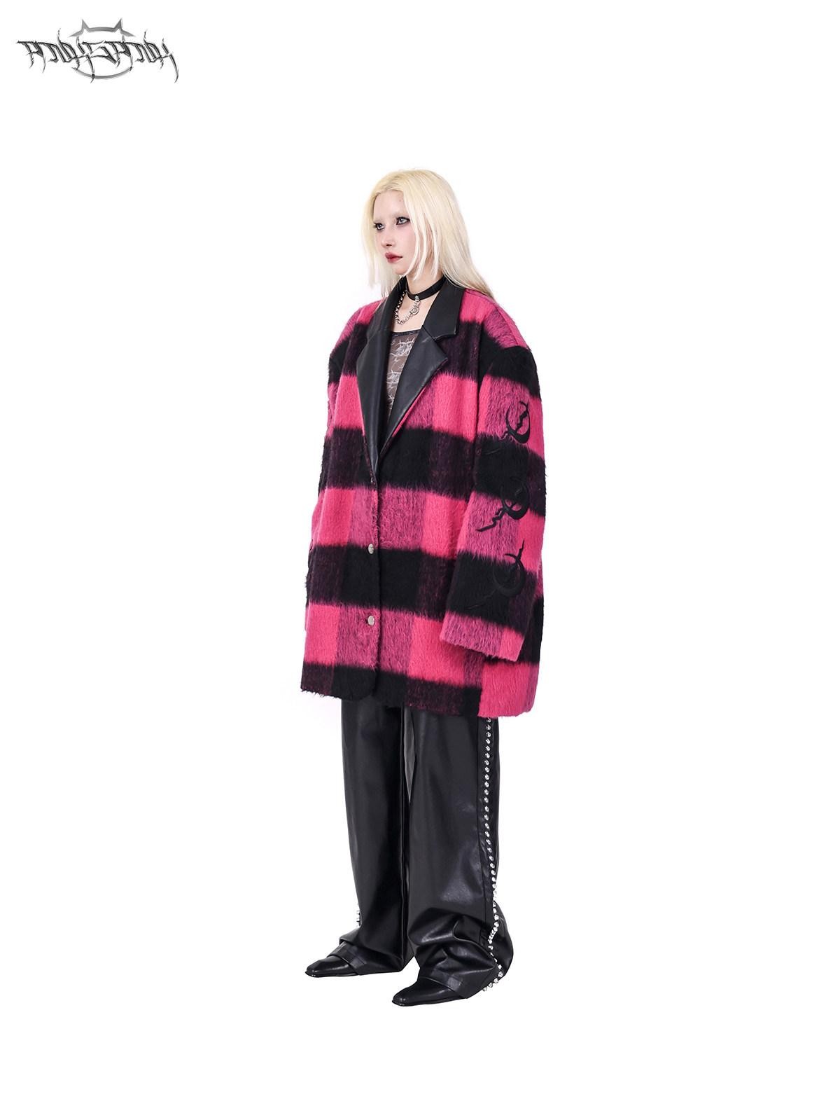 PINKSPINK Black Pink Check Leather Embroidered Shoulder Pad Women's Casual Jackets