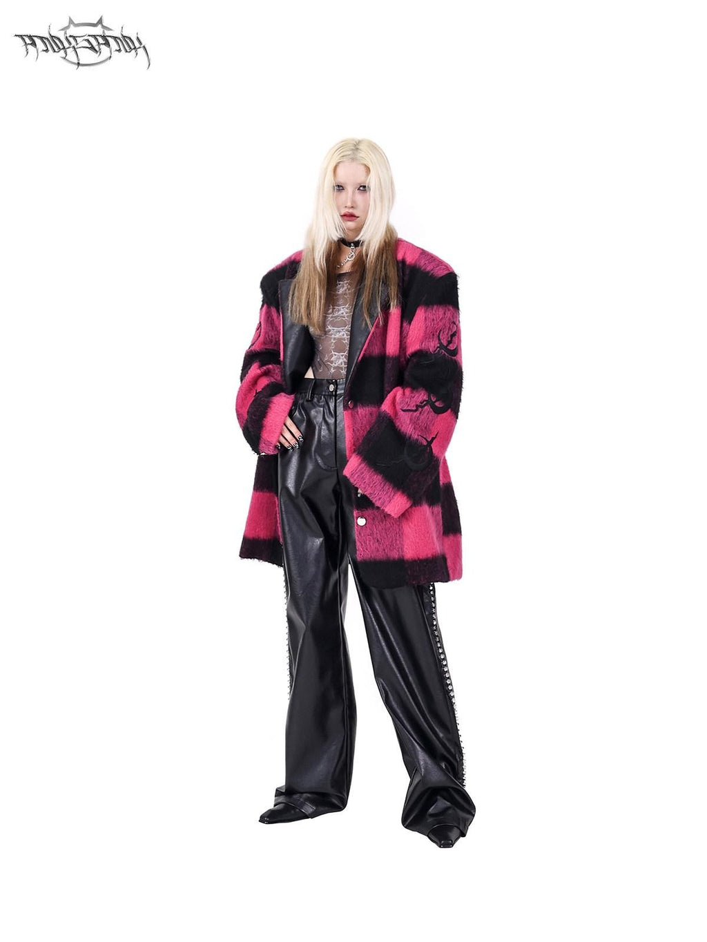 PINKSPINK Black Pink Check Leather Embroidered Shoulder Pad Women's Casual Jackets