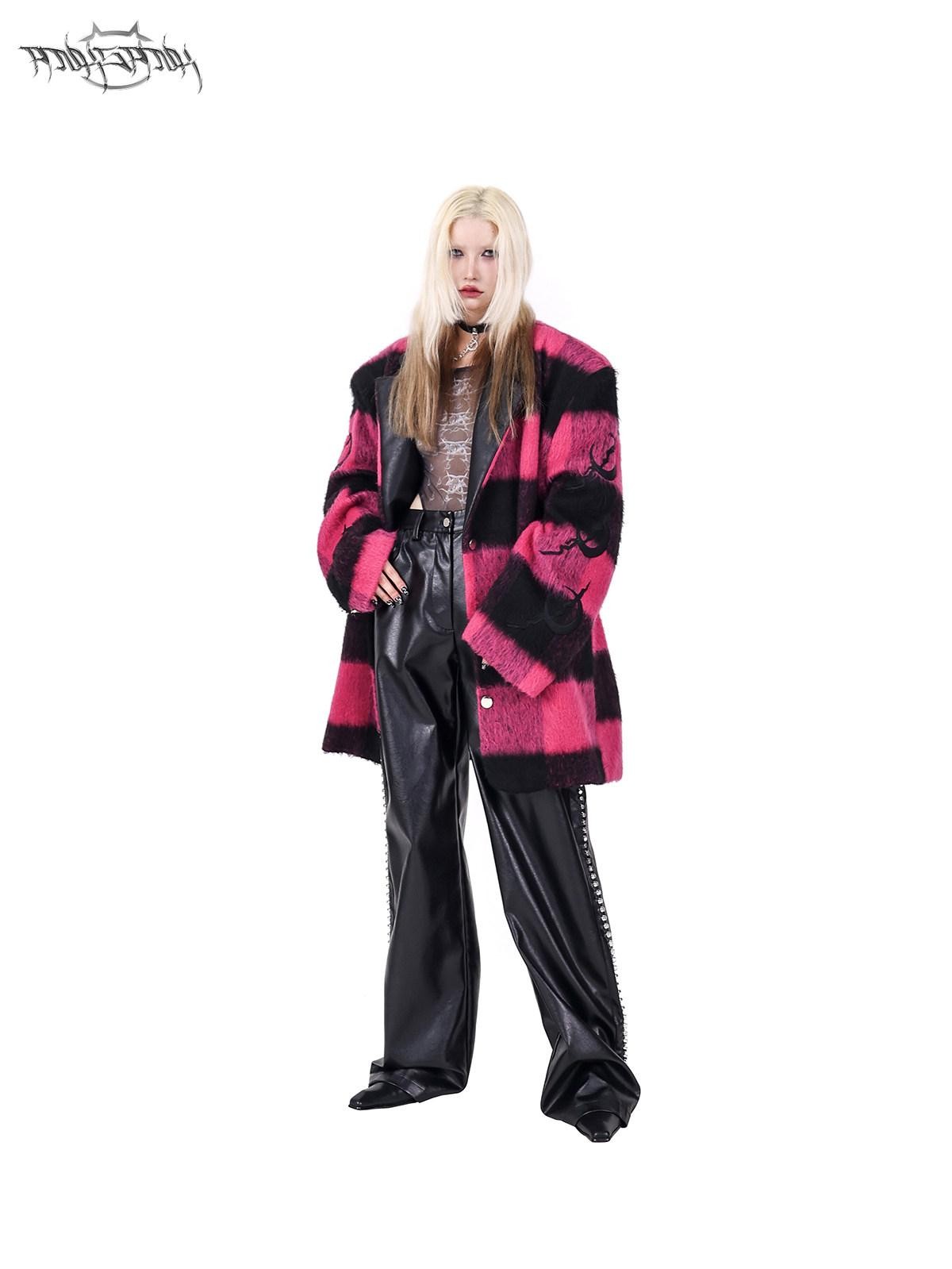PINKSPINK Black Pink Check Leather Embroidered Shoulder Pad Women's Casual Jackets