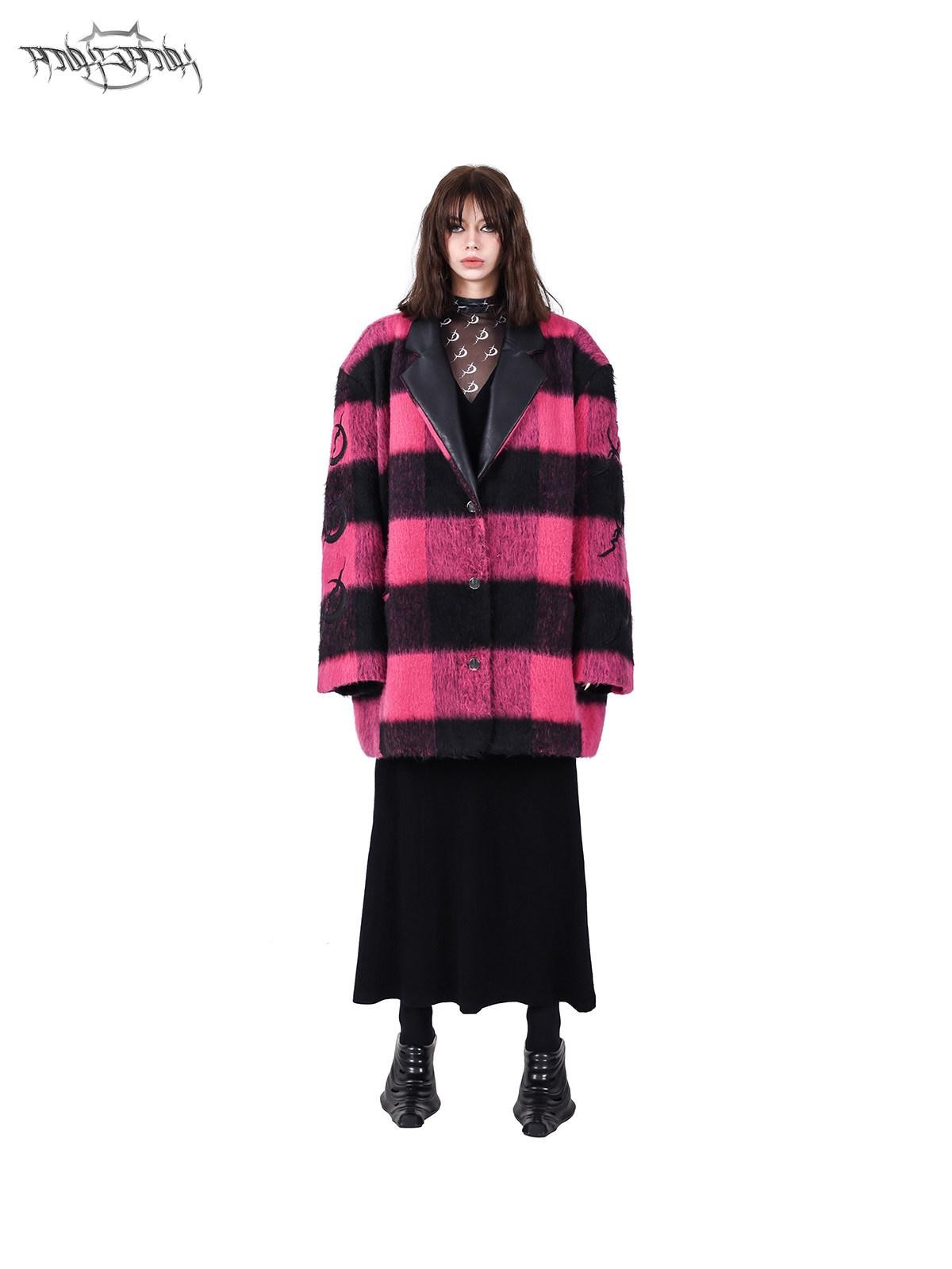 PINKSPINK Black Pink Check Leather Embroidered Shoulder Pad Women's Casual Jackets