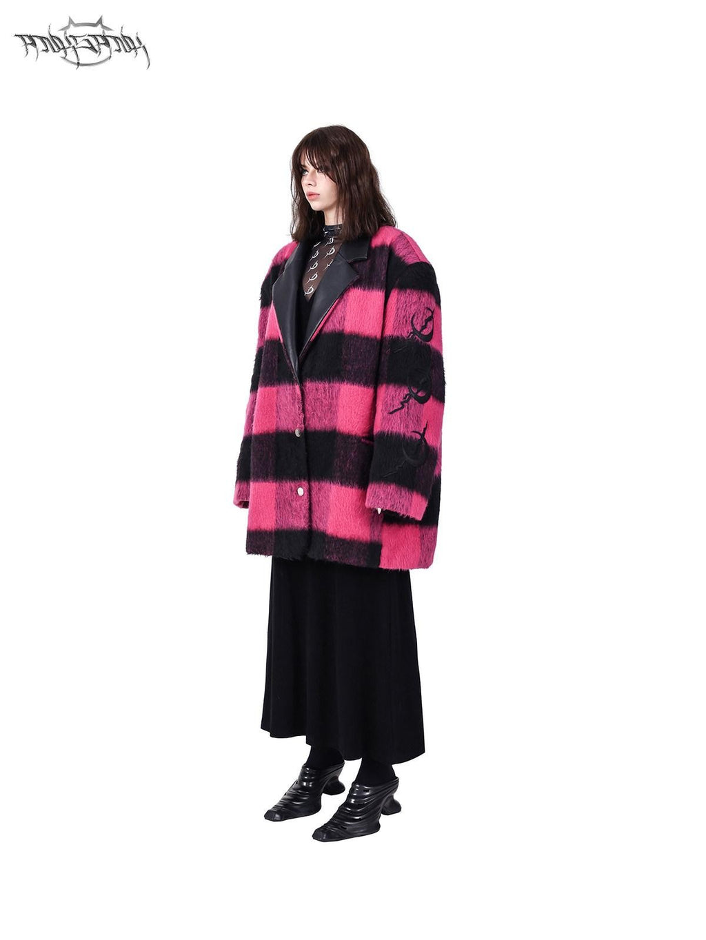 PINKSPINK Black Pink Check Leather Embroidered Shoulder Pad Women's Casual Jackets