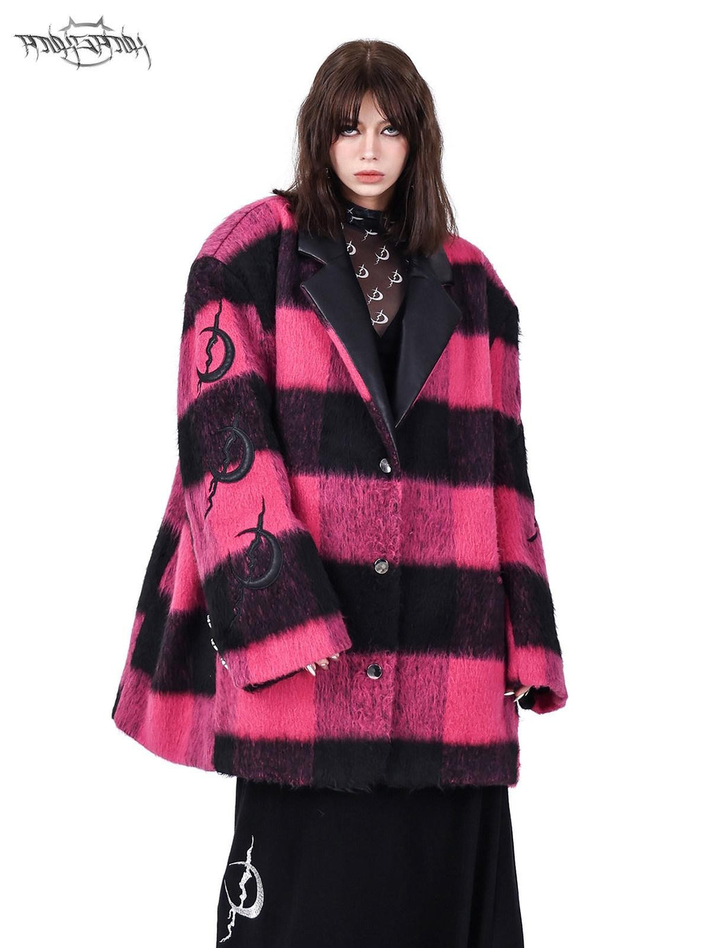 PINKSPINK Black Pink Check Leather Embroidered Shoulder Pad Women's Casual Jackets