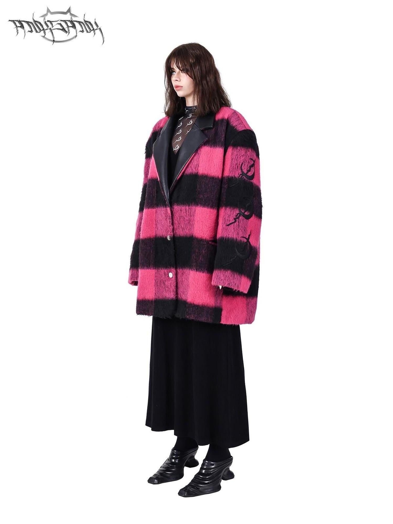 PINKSPINK Black Pink Check Leather Embroidered Shoulder Pad Women's Casual Jackets