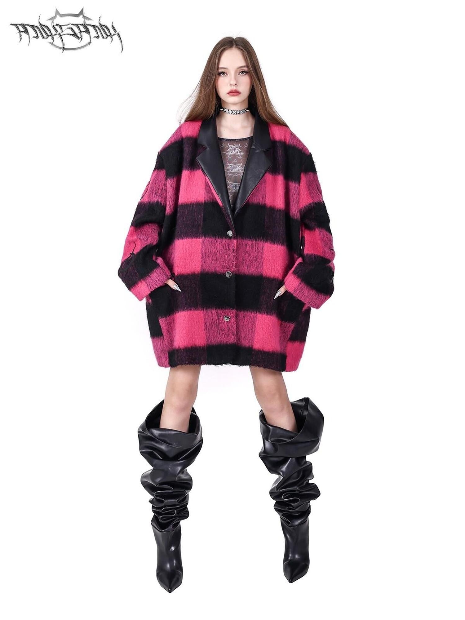 PINKSPINK Black Pink Check Leather Embroidered Shoulder Pad Women's Casual Jackets