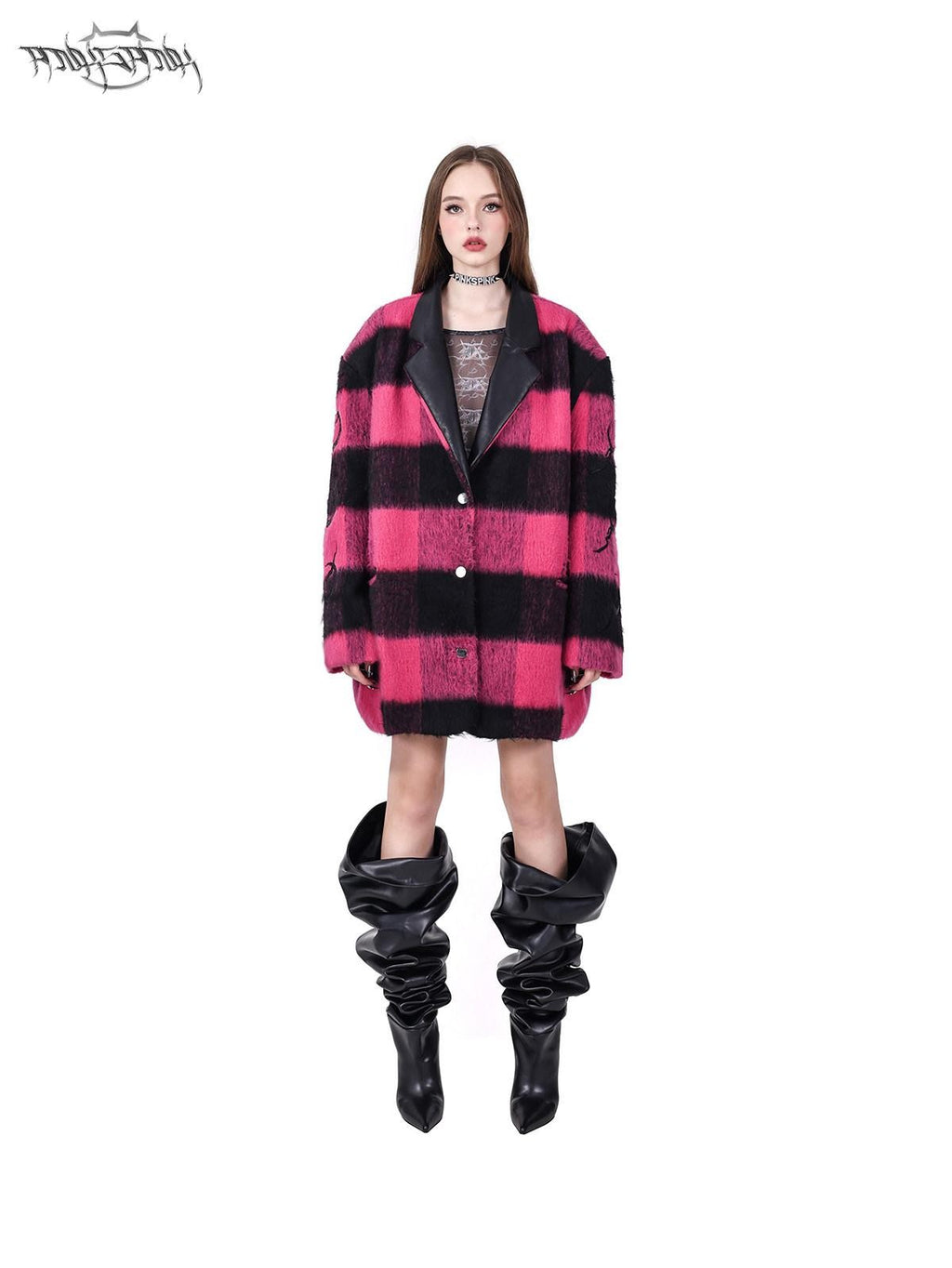 PINKSPINK Black Pink Check Leather Embroidered Shoulder Pad Women's Casual Jackets