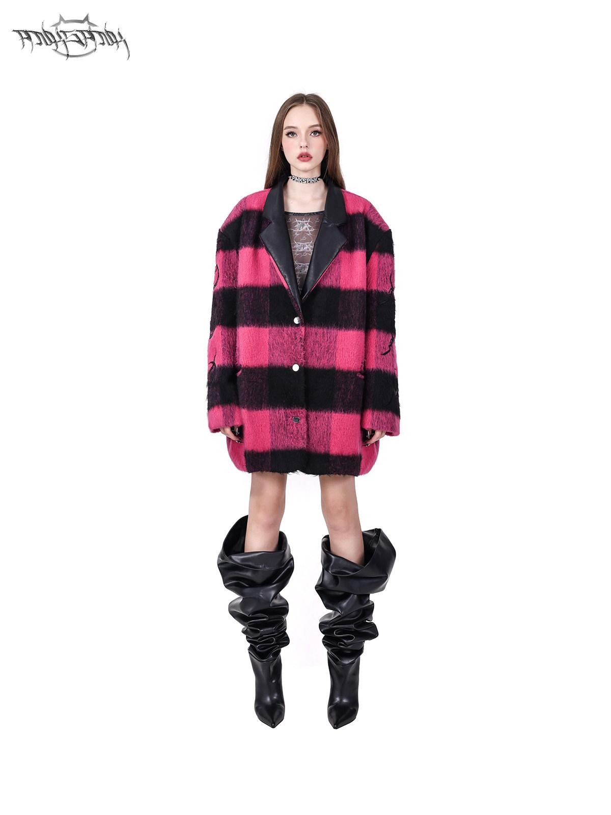 PINKSPINK Black Pink Check Leather Embroidered Shoulder Pad Women's Casual Jackets