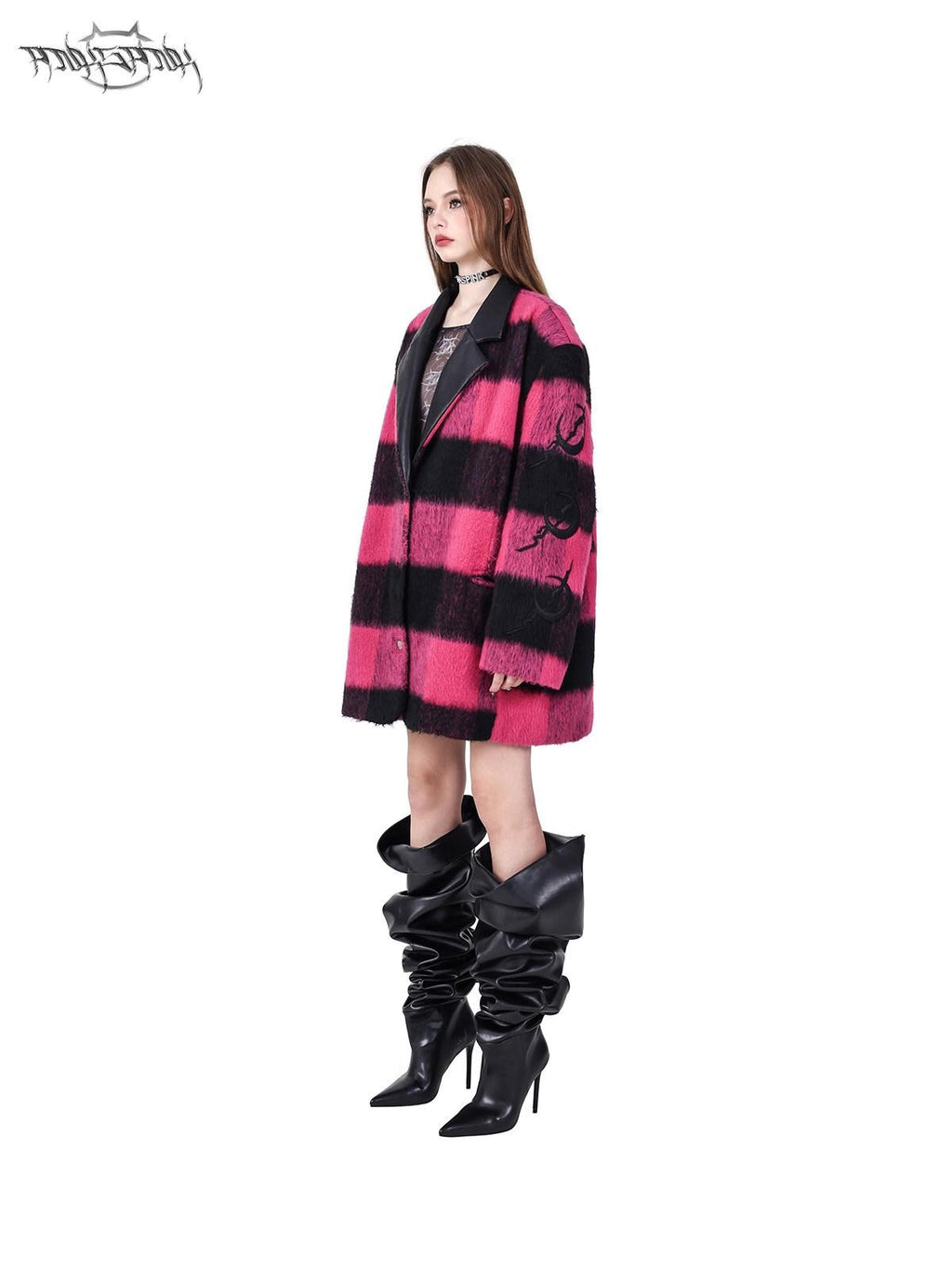 PINKSPINK Black Pink Check Leather Embroidered Shoulder Pad Women's Casual Jackets