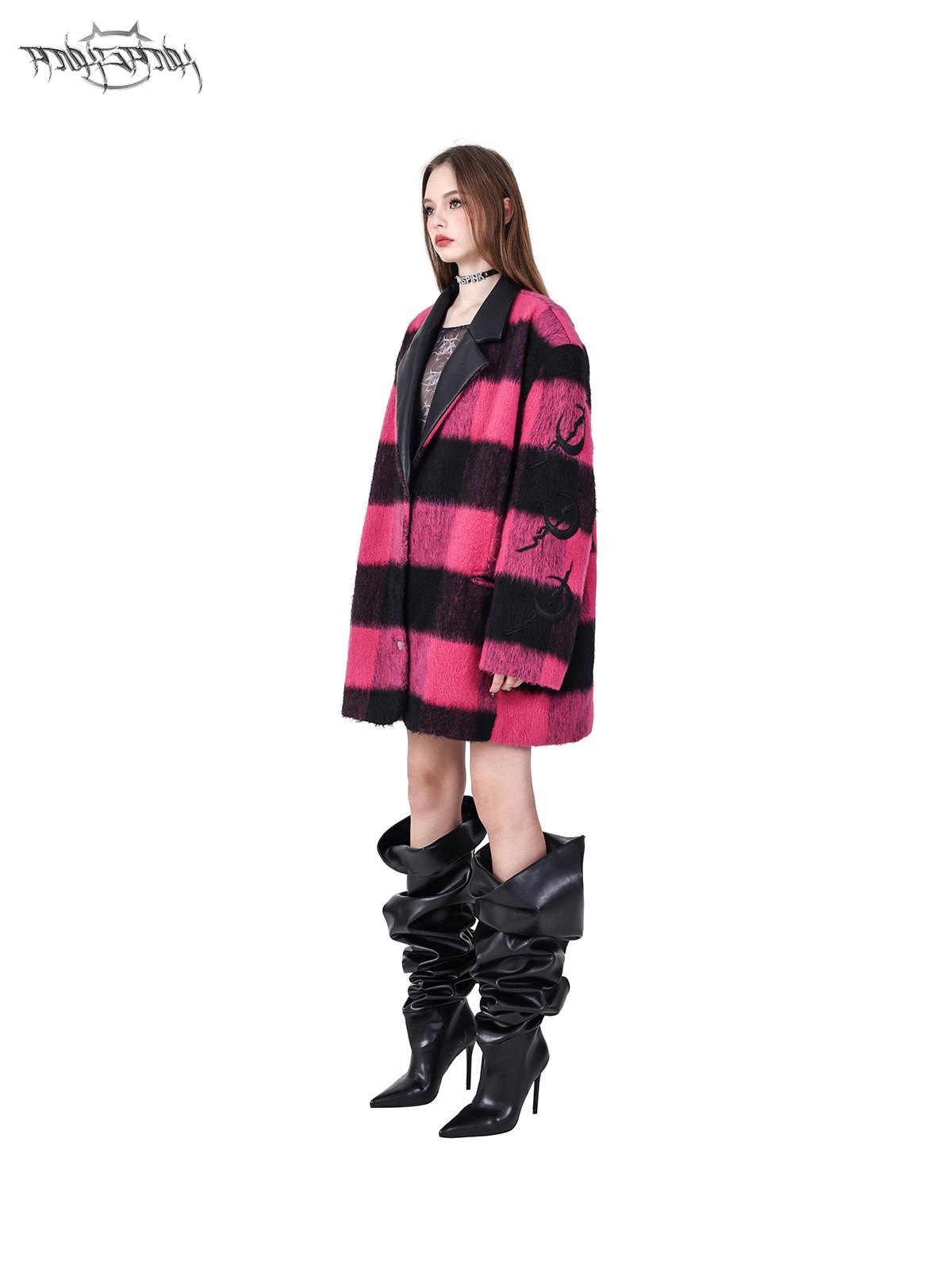 PINKSPINK Black Pink Check Leather Embroidered Shoulder Pad Women's Casual Jackets
