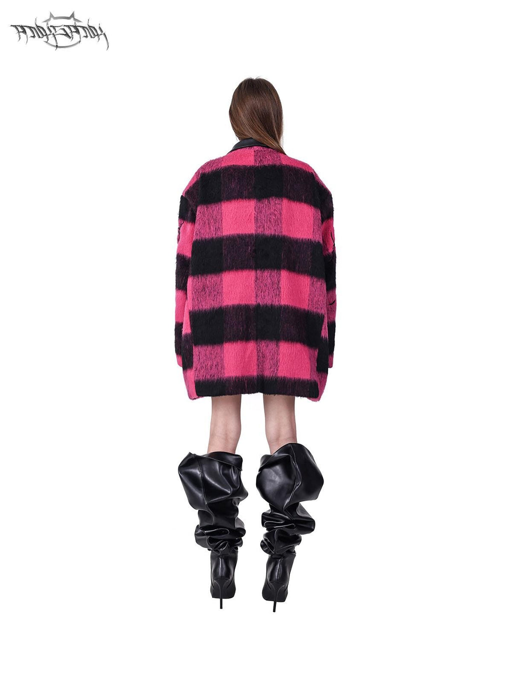 PINKSPINK Black Pink Check Leather Embroidered Shoulder Pad Women's Casual Jackets