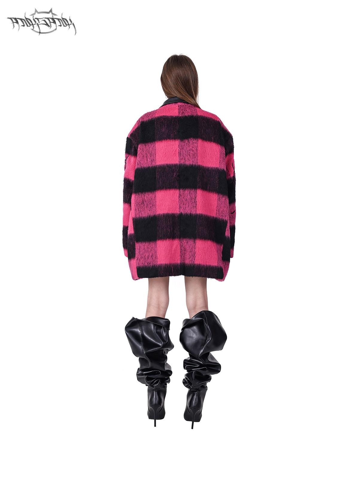 PINKSPINK Black Pink Check Leather Embroidered Shoulder Pad Women's Casual Jackets