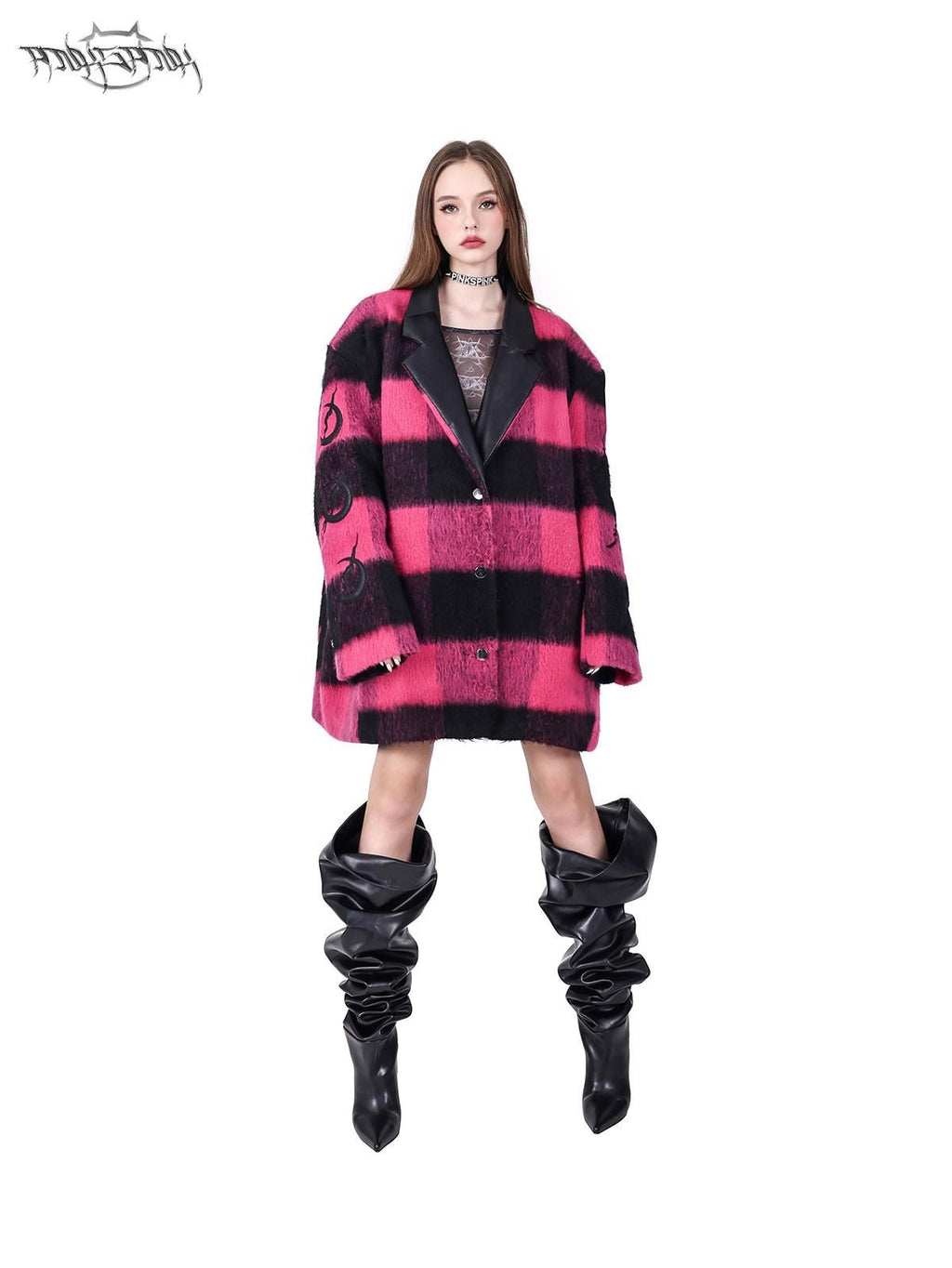 PINKSPINK Black Pink Check Leather Embroidered Shoulder Pad Women's Casual Jackets