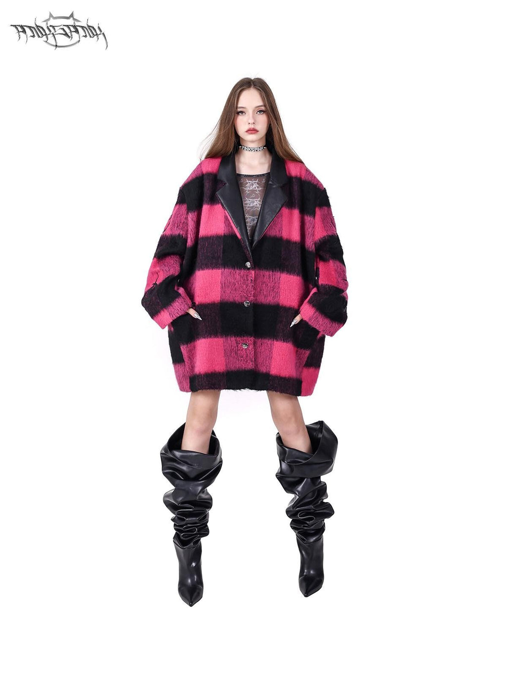 PINKSPINK Black Pink Check Leather Embroidered Shoulder Pad Women's Casual Jackets