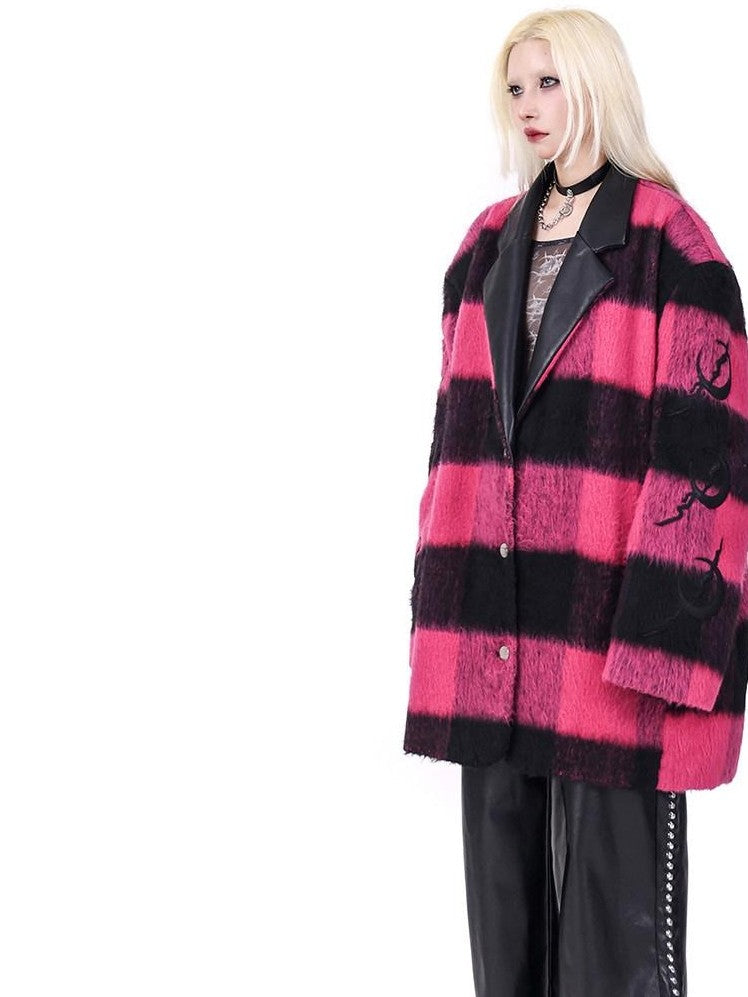 PINKSPINK Black Pink Check Leather Embroidery Padded Shoulder Women's Casual Jackets