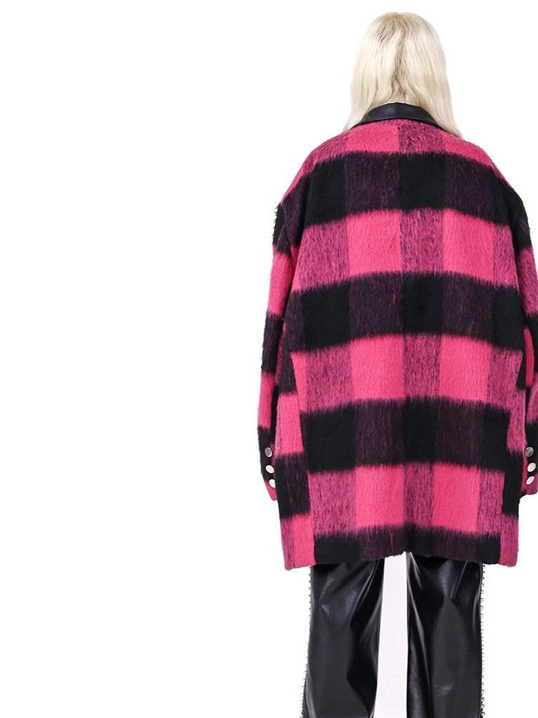 PINKSPINK Black Pink Check Leather Embroidery Padded Shoulder Women's Casual Jackets