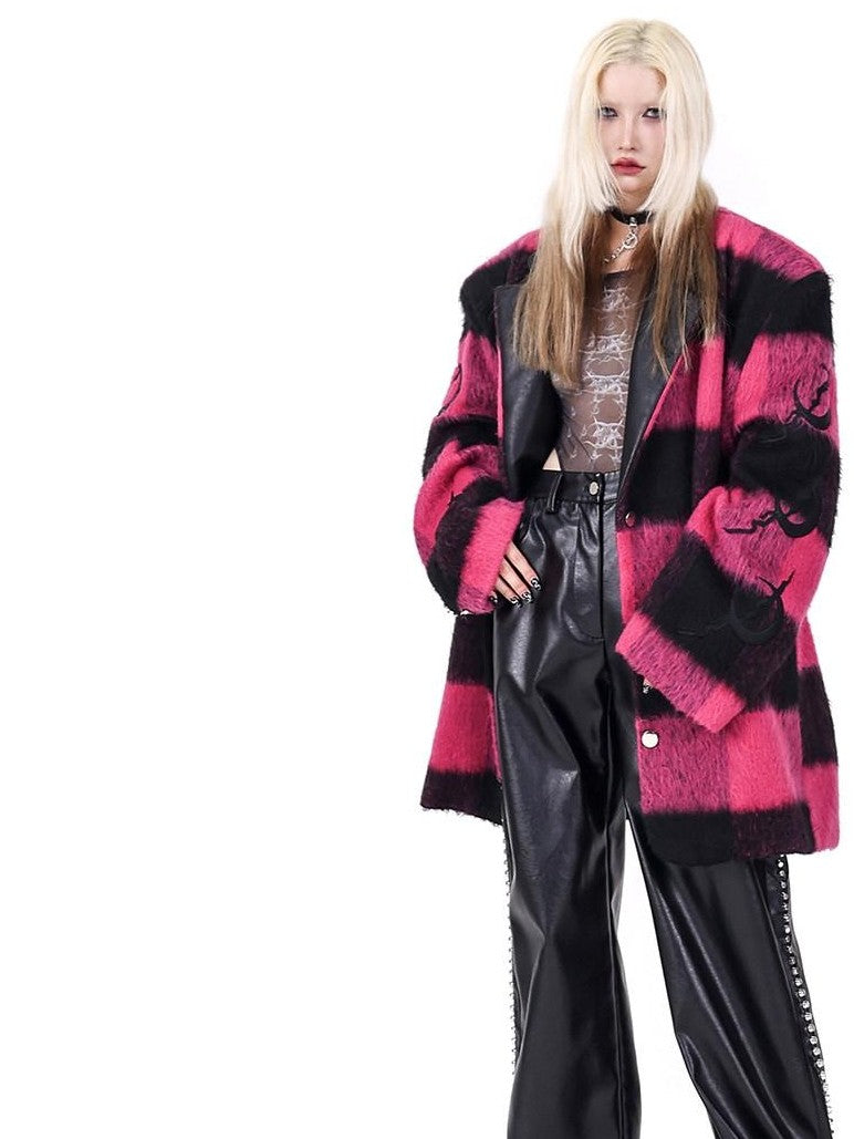 PINKSPINK Black Pink Check Leather Embroidery Padded Shoulder Women's Casual Jackets