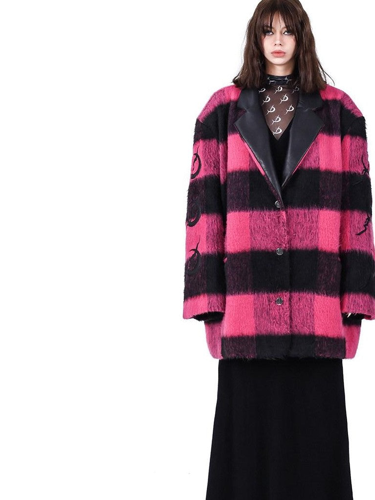 PINKSPINK Black Pink Check Leather Embroidery Padded Shoulder Women's Casual Jackets