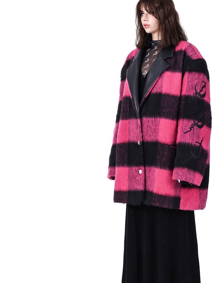 PINKSPINK Black Pink Check Leather Embroidery Padded Shoulder Women's Casual Jackets