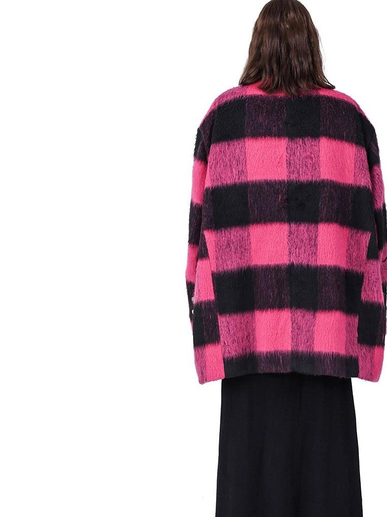 PINKSPINK Black Pink Check Leather Embroidery Padded Shoulder Women's Casual Jackets