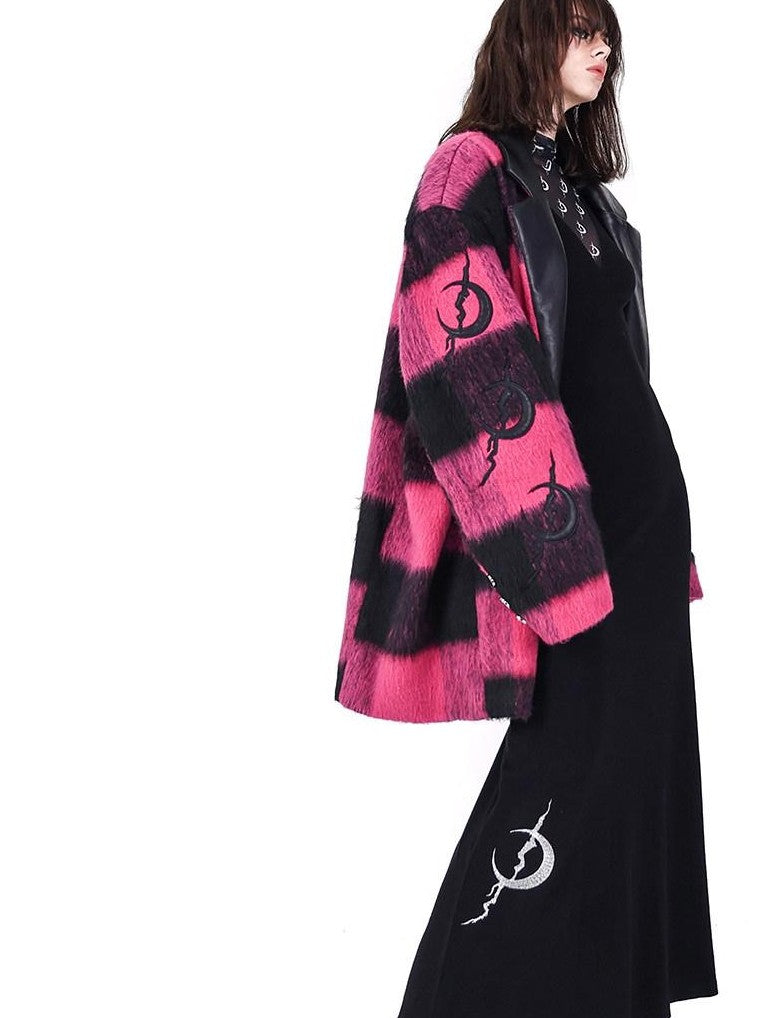 PINKSPINK Black Pink Check Leather Embroidery Padded Shoulder Women's Casual Jackets