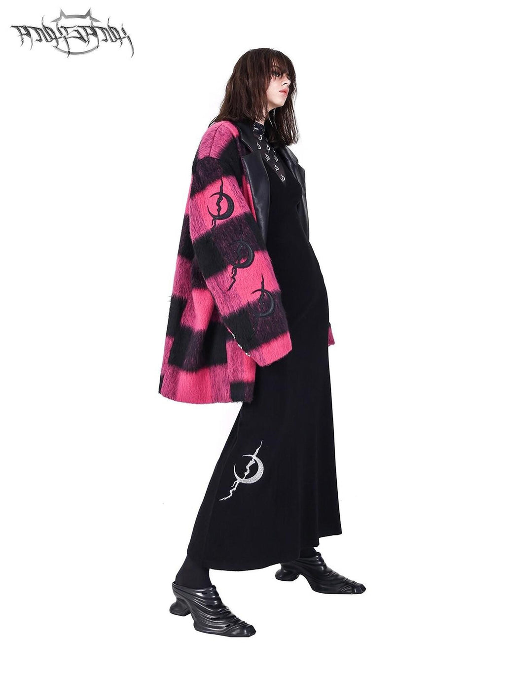 PINKSPINK Black Pink Check Leather Embroidery Padded Shoulder Women's Casual Jackets