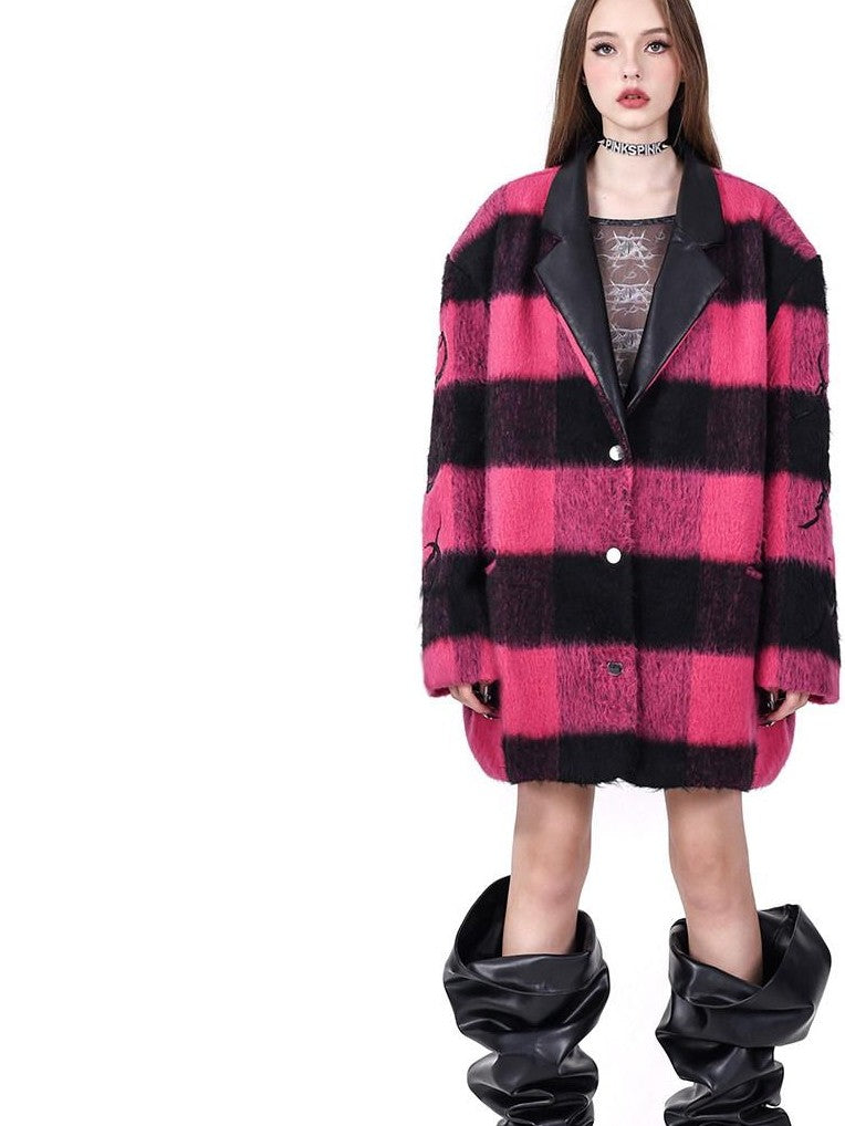 PINKSPINK Black Pink Check Leather Embroidery Padded Shoulder Women's Casual Jackets