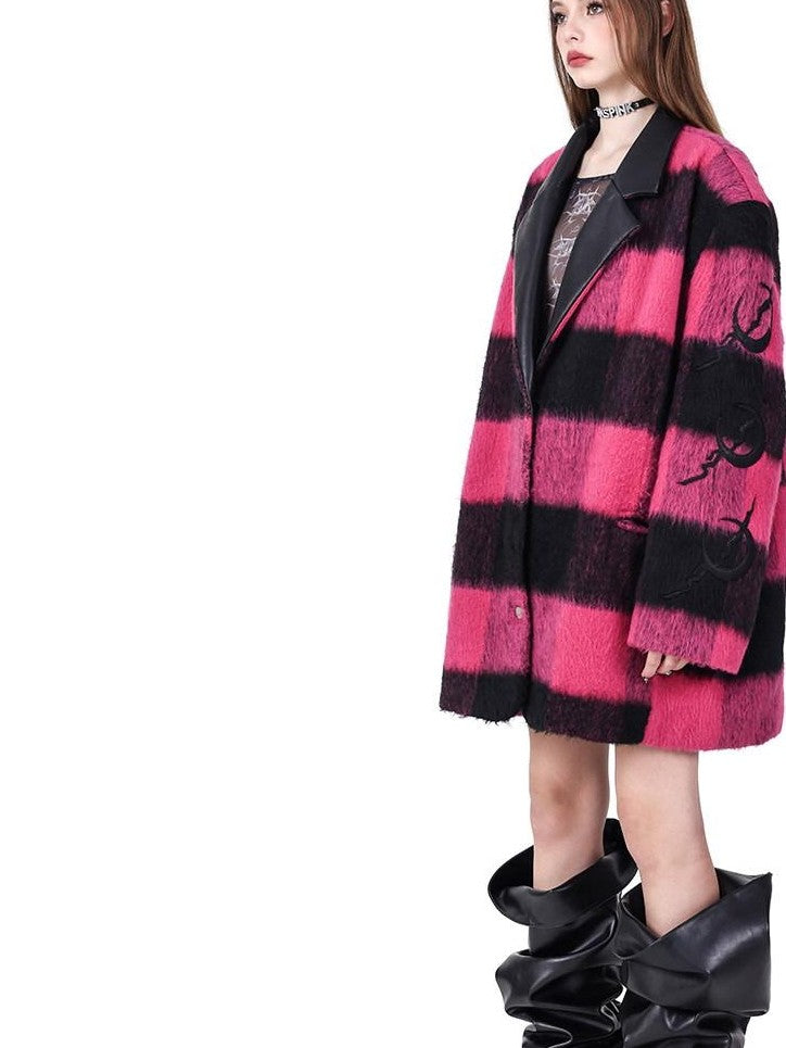 PINKSPINK Black Pink Check Leather Embroidery Padded Shoulder Women's Casual Jackets