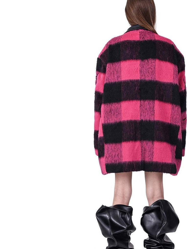 PINKSPINK Black Pink Check Leather Embroidery Padded Shoulder Women's Casual Jackets